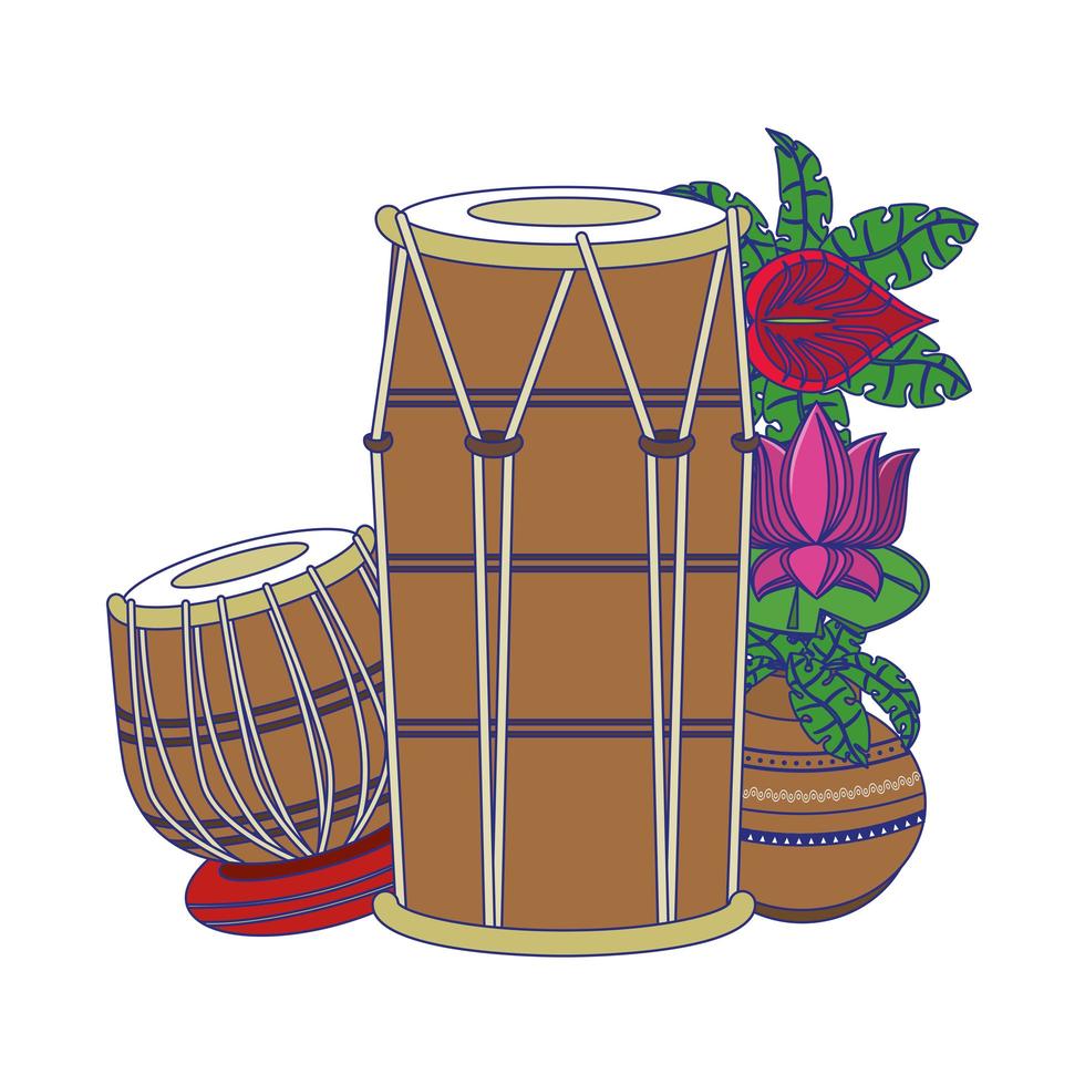 Indian tabla drums with lotus flower blue lines vector