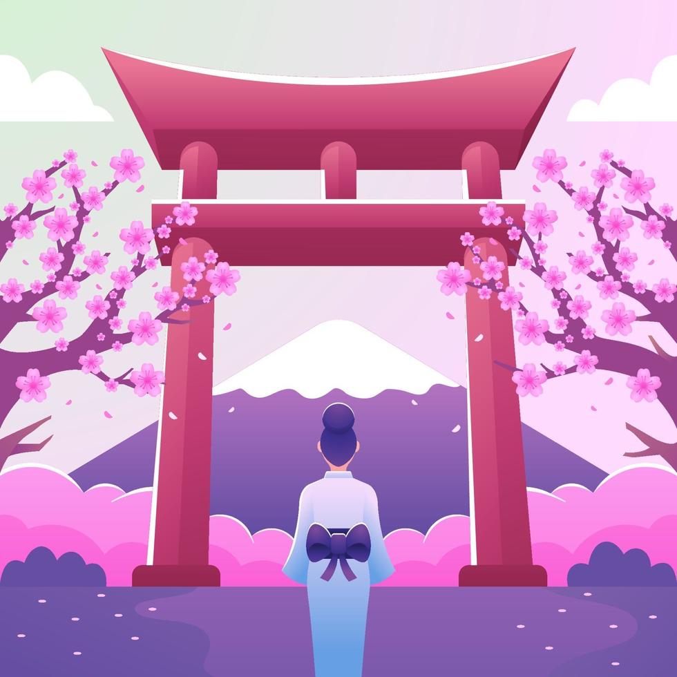 A Girl Under the Fallen Cherry Blossoms vector