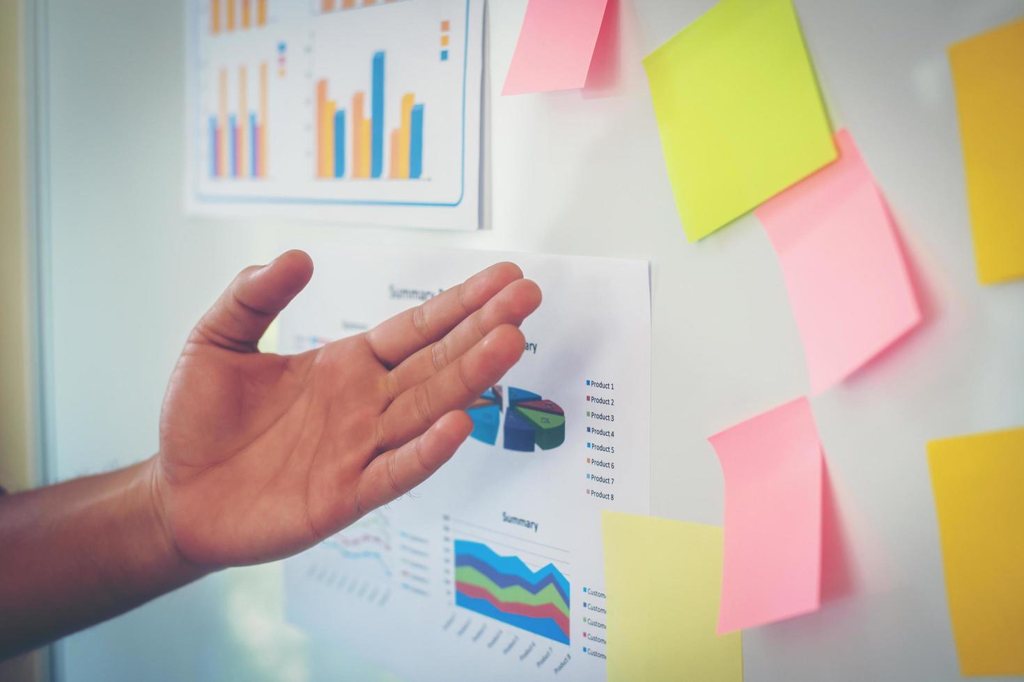 Close-up of hand presenting business chart on whiteboard photo