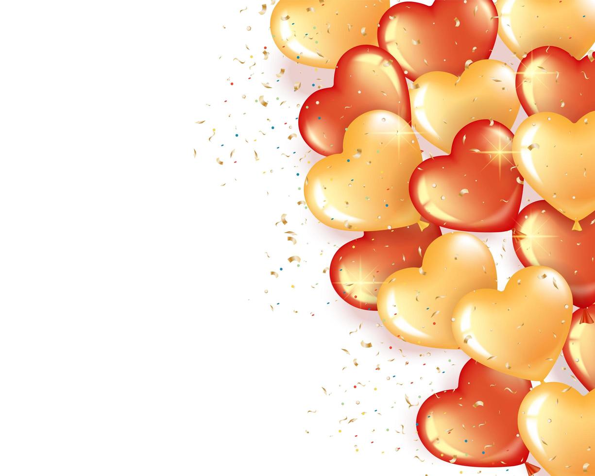 Banner con globos en forma de corazón rojo y dorado. vector