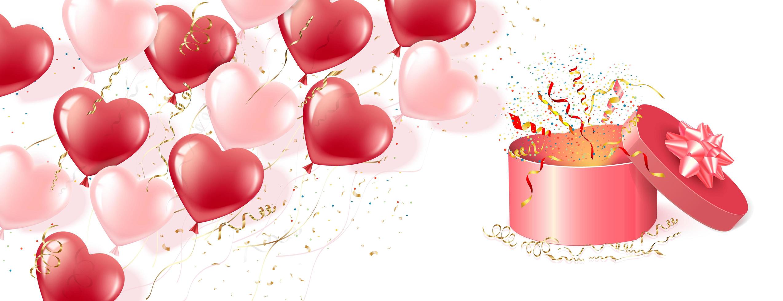 Banner de globos en forma de corazón rosa y rojo y caja de regalo. vector