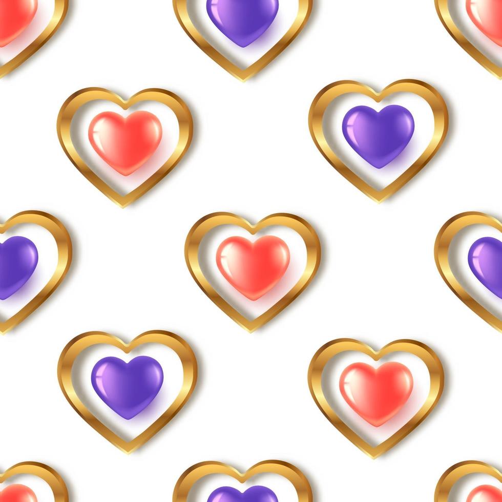 patrón sin fisuras con corazones de oro rojo púrpura vector