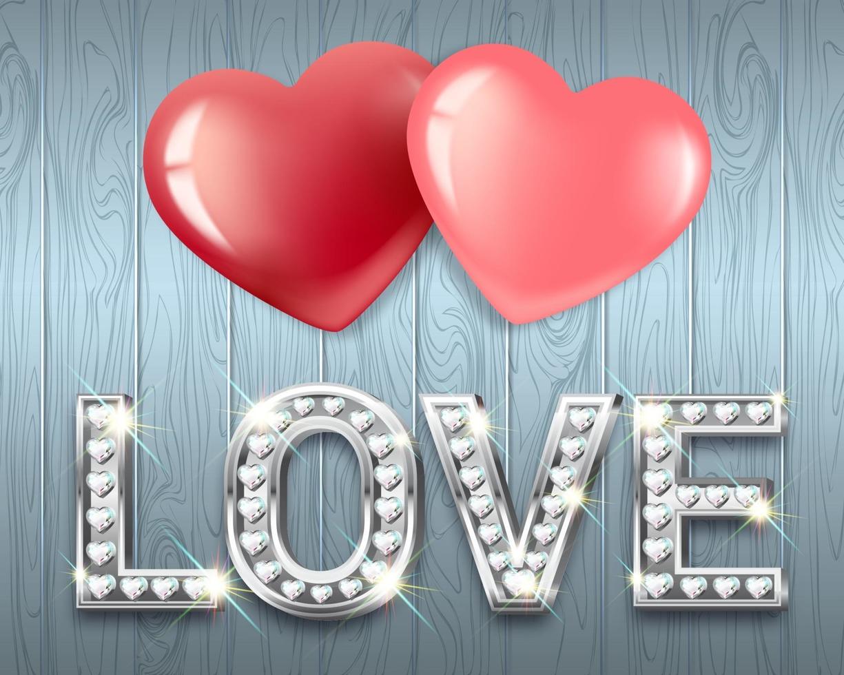 The word Love and two hearts together. White gold heart-shaped letters with sparkling diamonds. vector