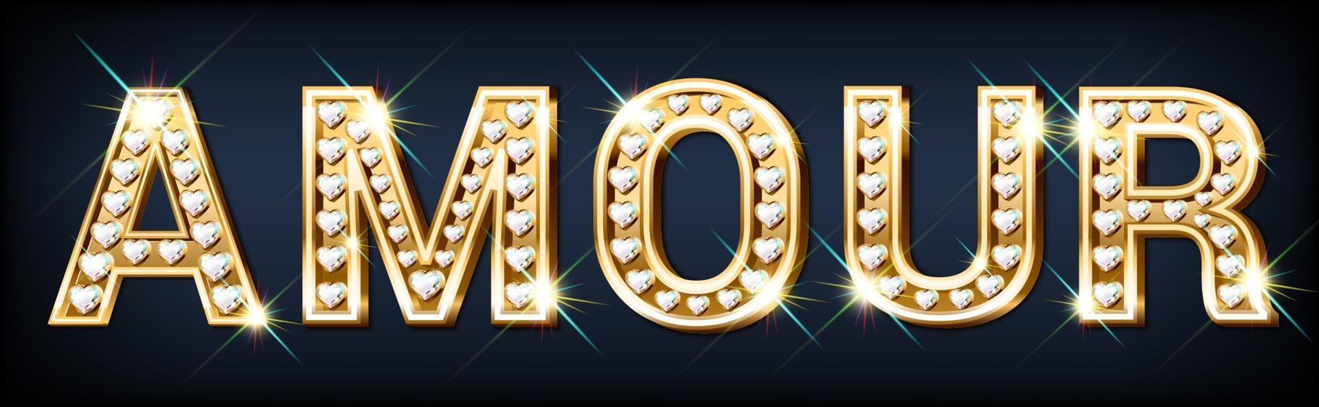 Golden Word Amour with Sparkling Heart Diamonds vector