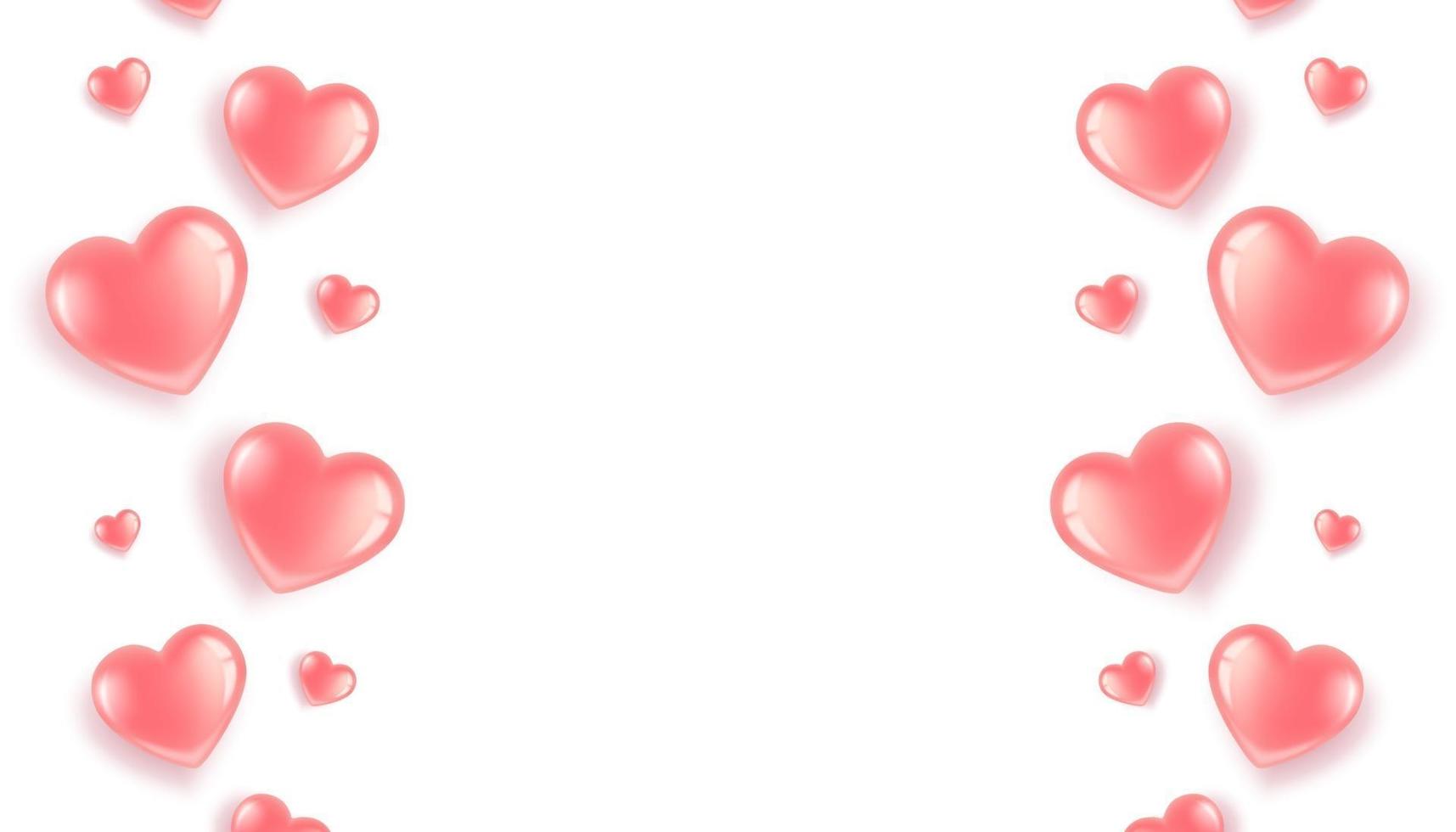 Poster with pink hearts border on white background. Postcard for Valentines Day and International Womens Day. In a 3D realistic style. vector