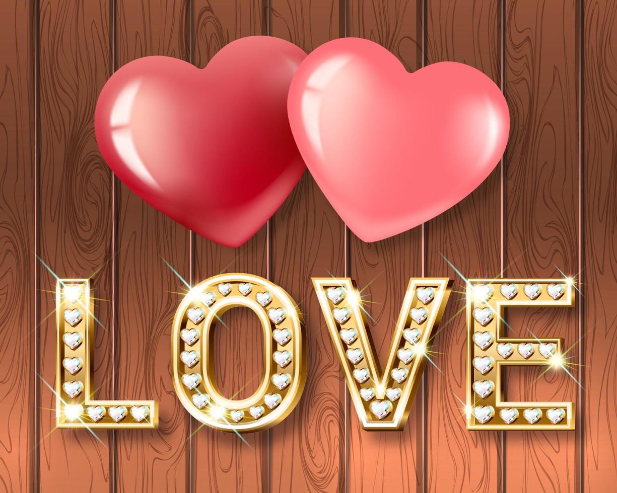 The word Love and two hearts together. White gold heart-shaped letters with sparkling diamonds. vector