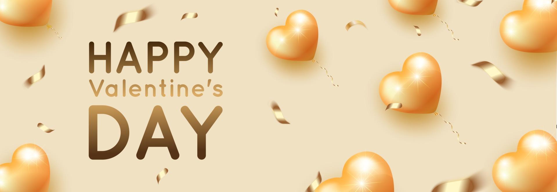 Banner horizontal de san valentín con globos dorados. vector