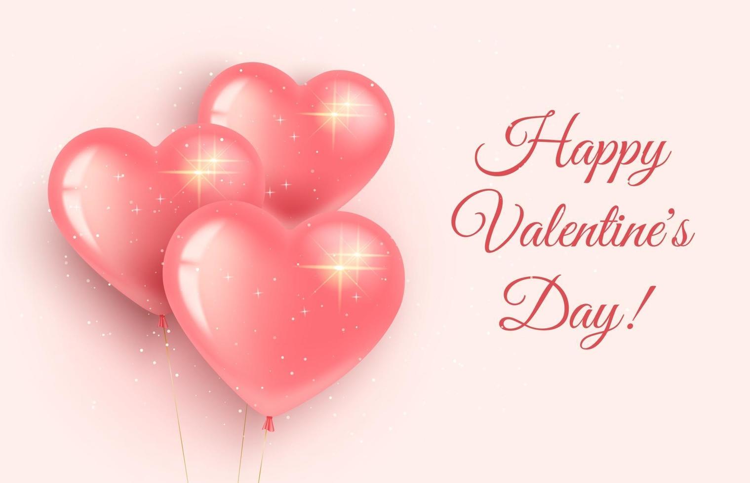 Greeting card banner for Valentines Day and International Womens Day. Three pink heart-shaped balloons with sparkles. On a pink background. 3d realistic style. vector