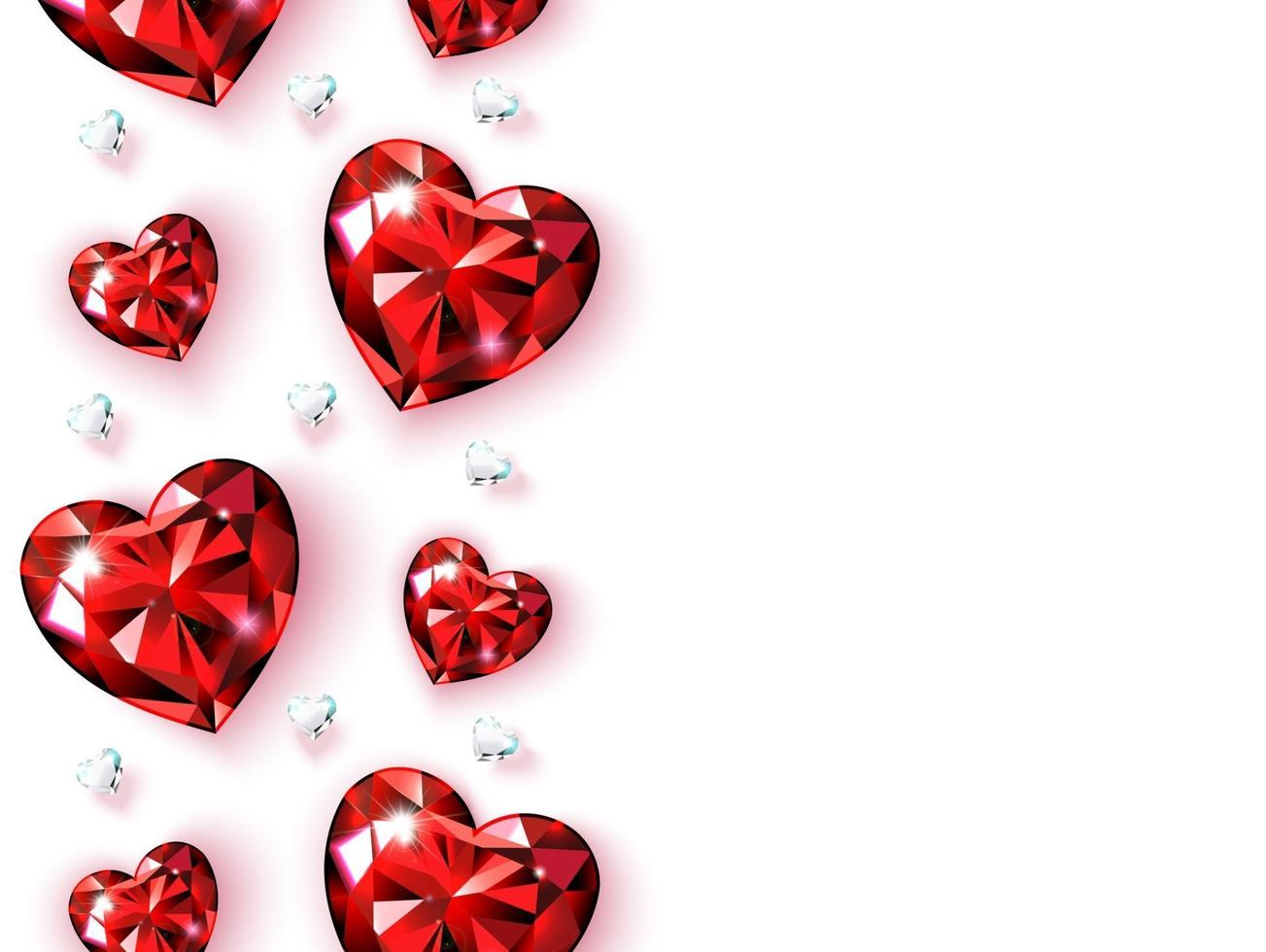 Banner with vertical borders of red rubies and diamonds. Heart shaped gems. Valentine card for Valentine's Day, Women's Day, wedding illustration. Isolated on white background Vector. vector