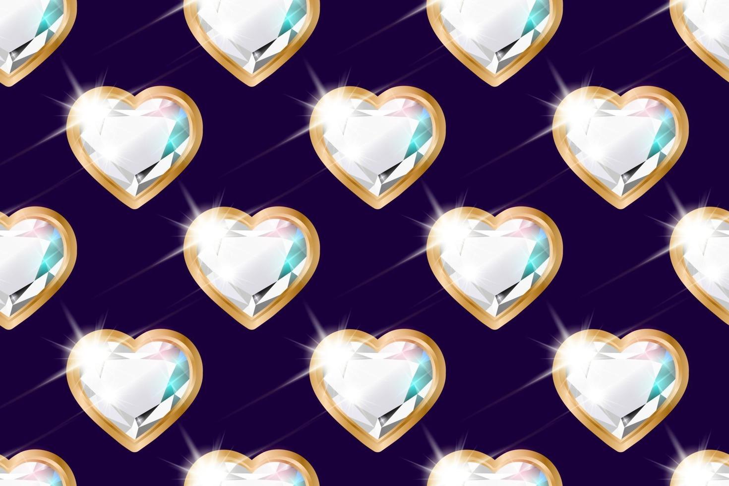 Seamless pattern with diamonds in the shape of a heart in a gold frame on purple vector