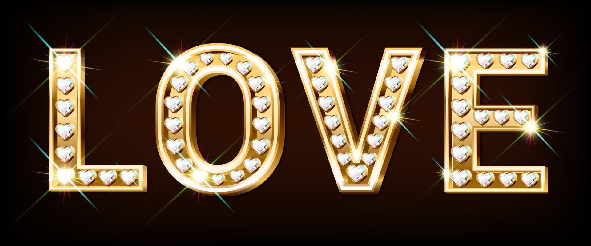 Golden word love with heart-shaped sparkling diamonds. Valentine's Day banner. Congratulatory card. 3D realistic style on a dark background. Vector. vector