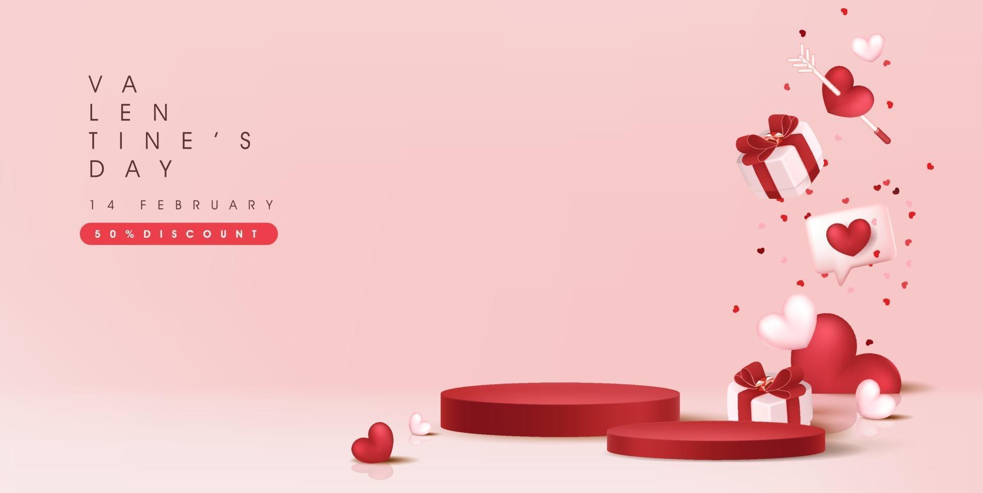 Valentine's day sale banner backgroud with product display in cylindrical shape. vector