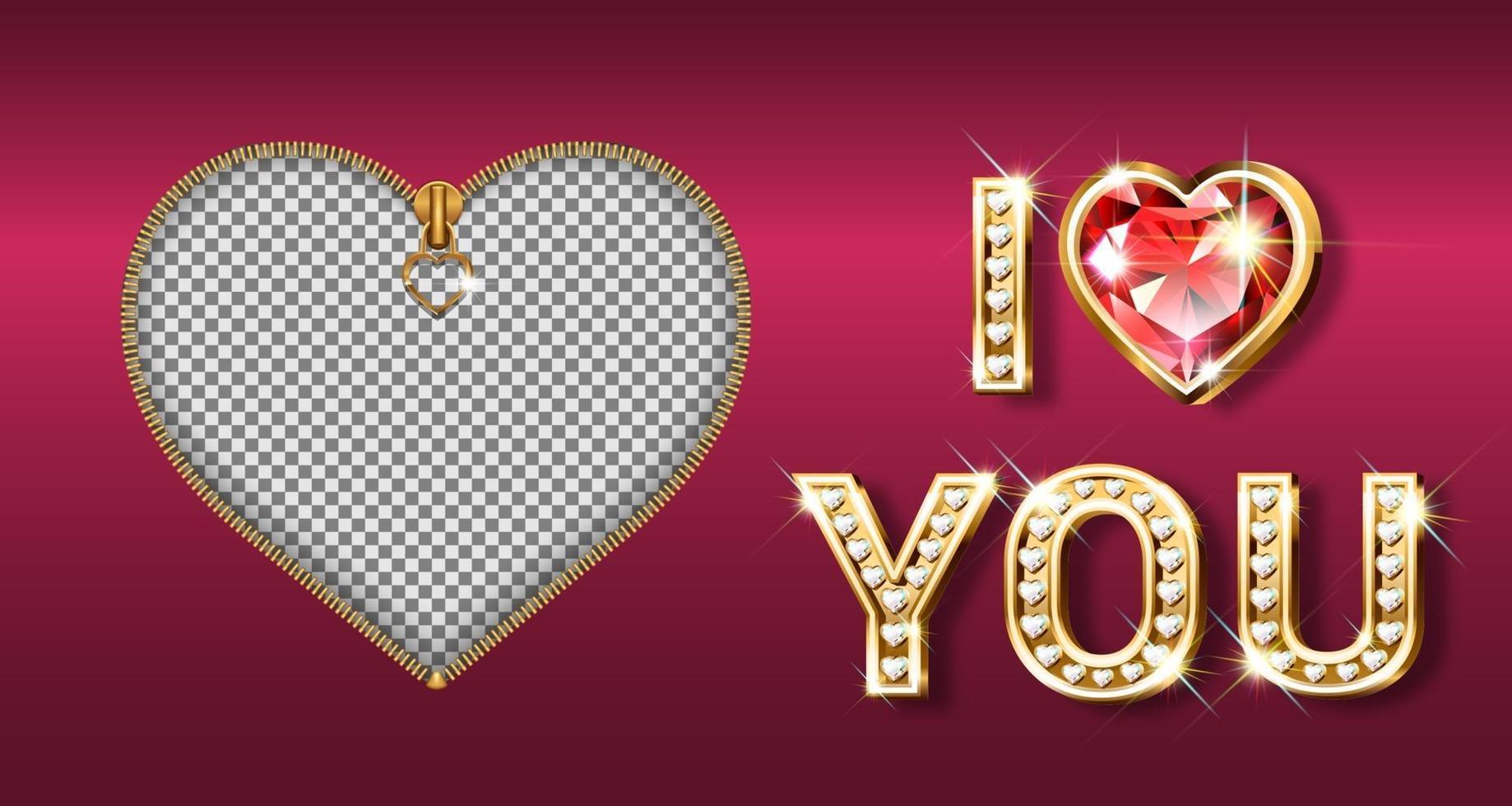 Zipper photo frame and golden I heart you text with diamonds and ruby vector