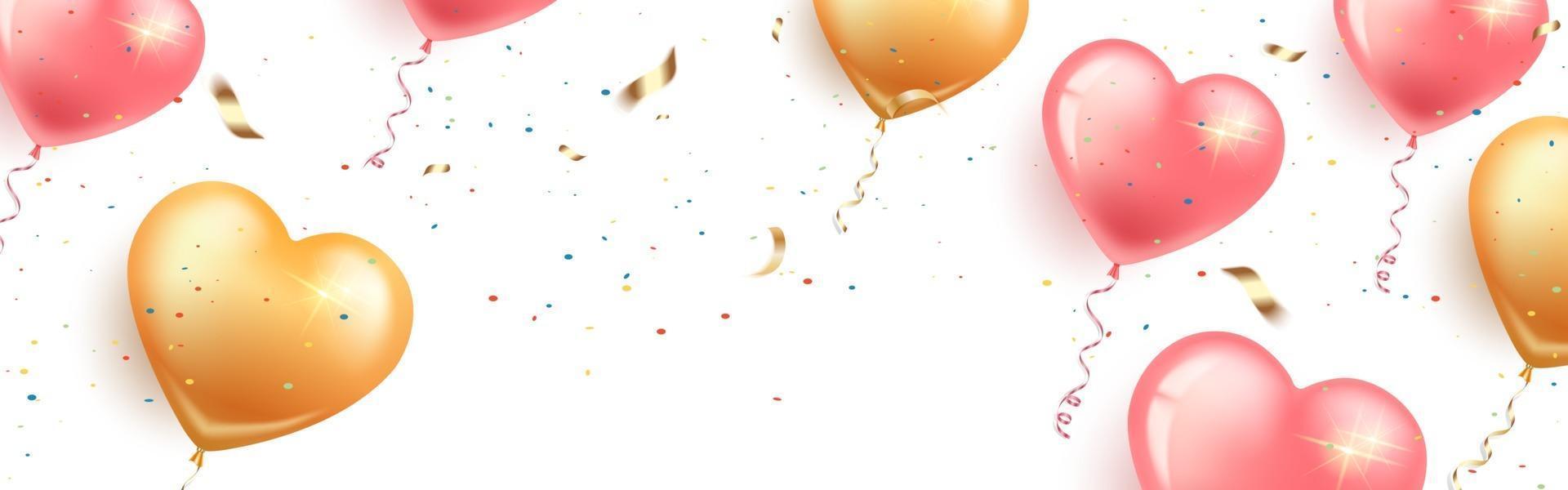 Festive horizontal banner with pink and gold heart-shaped balloons, confetti and serpentine. Card Happy Birthday, Women's Day, Valentine's Day, Wedding. Isolated white background. Vector