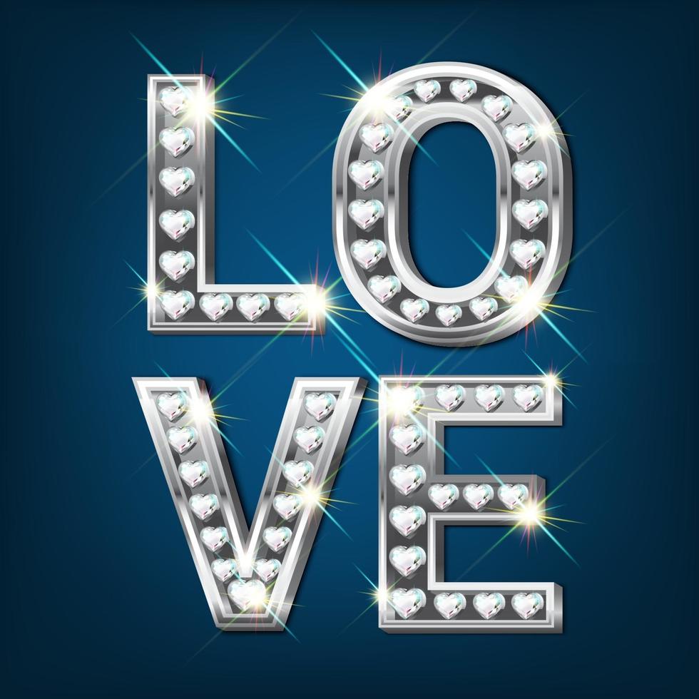 amor de la palabra de oro blanco. hecho de letras plateadas con brillantes diamantes en forma de corazón. banner del día de san valentín. tarjeta de felicitación. Estilo realista 3d sobre un fondo oscuro. vector