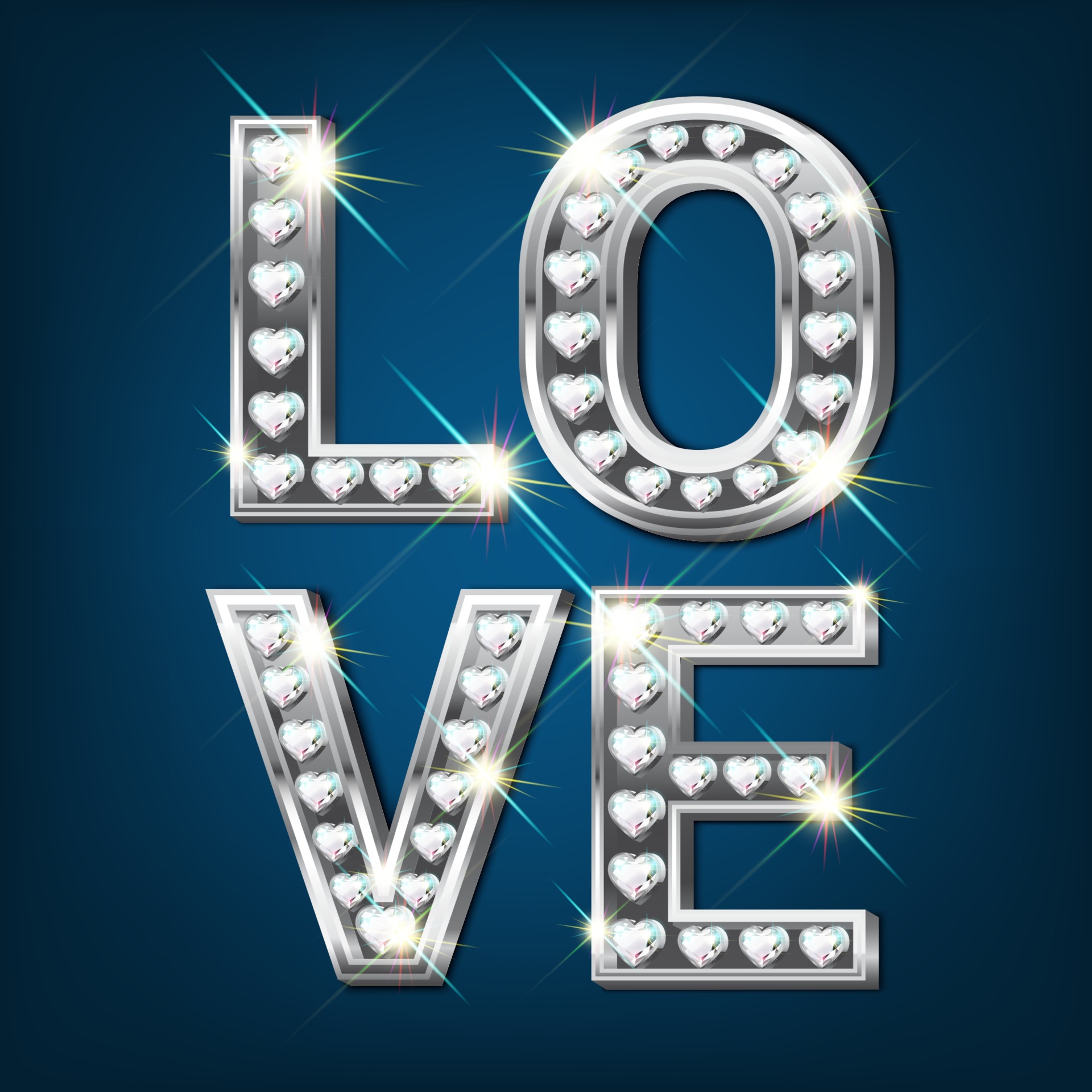 White gold word Love. Made of silver letters with sparkling diamonds in the  shape of a heart. Valentines Day banner. Greeting card. 3D realistic style  on a dark background. 1971960 Vector Art