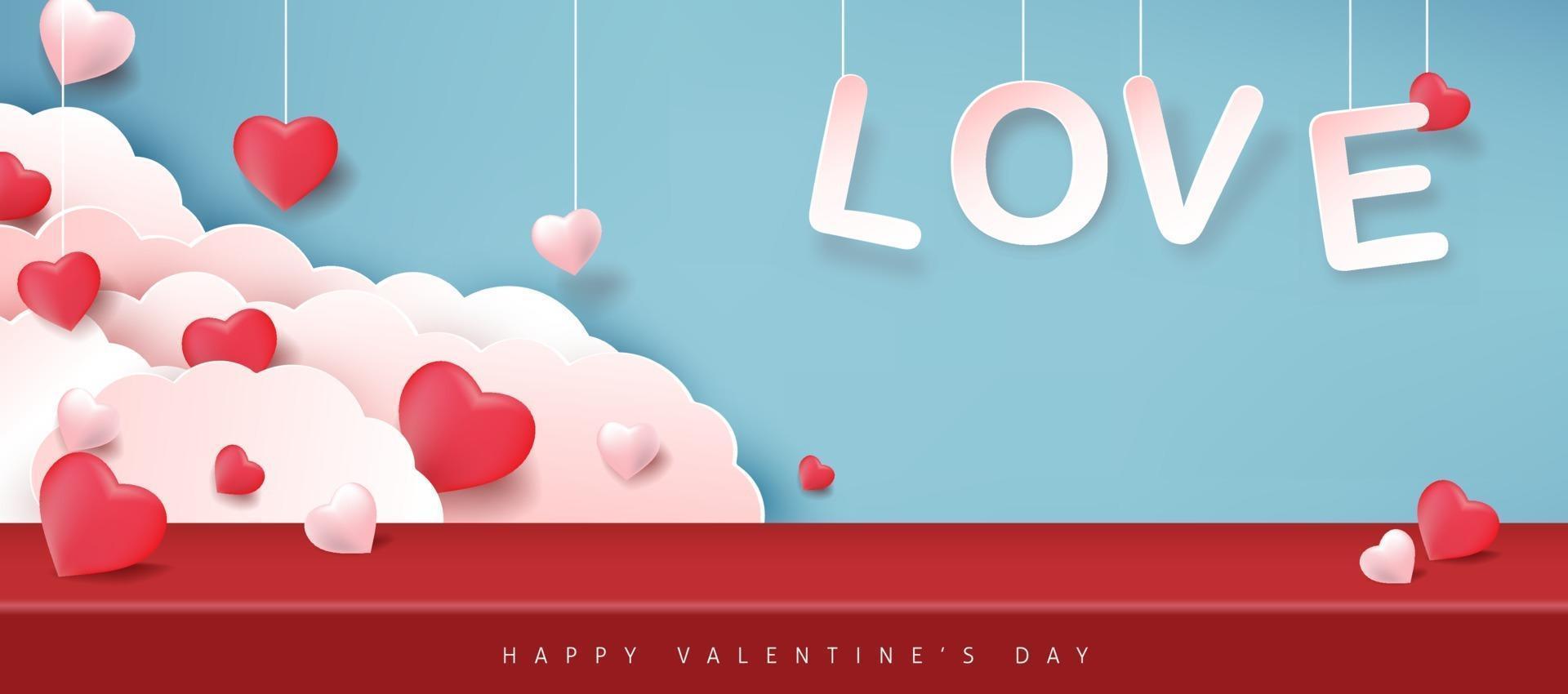 Valentine's day background with hanging love text, hearts and clouds vector