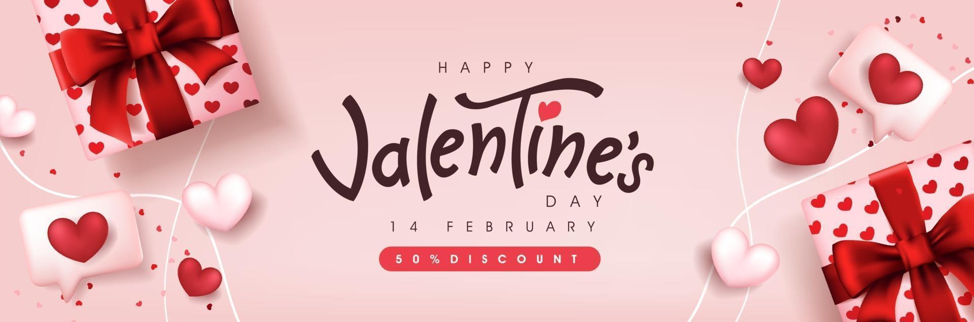 Valentine's day sale poster or banner pink backgroud with gift boxes and hearts vector