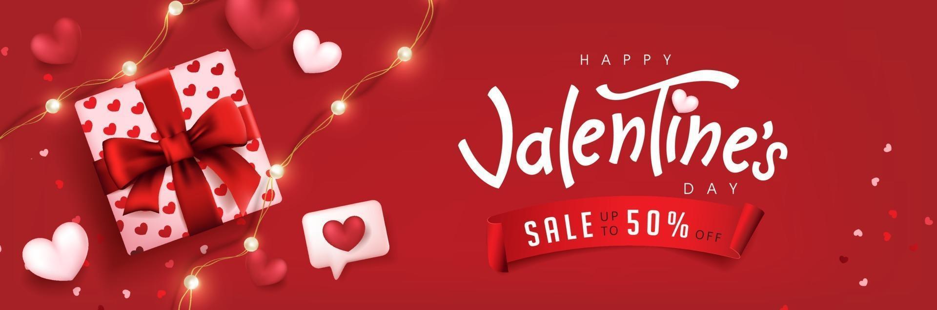 Cartel de venta de San Valentín o banner con fondo rojo con caja de regalo y corazones. vector
