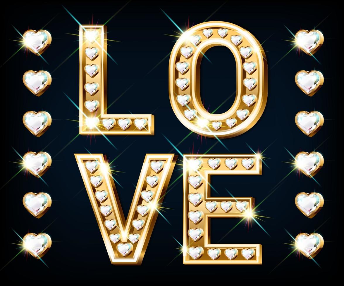 Banner with the word Love. Heart-shaped gold letters with sparkling diamonds vector