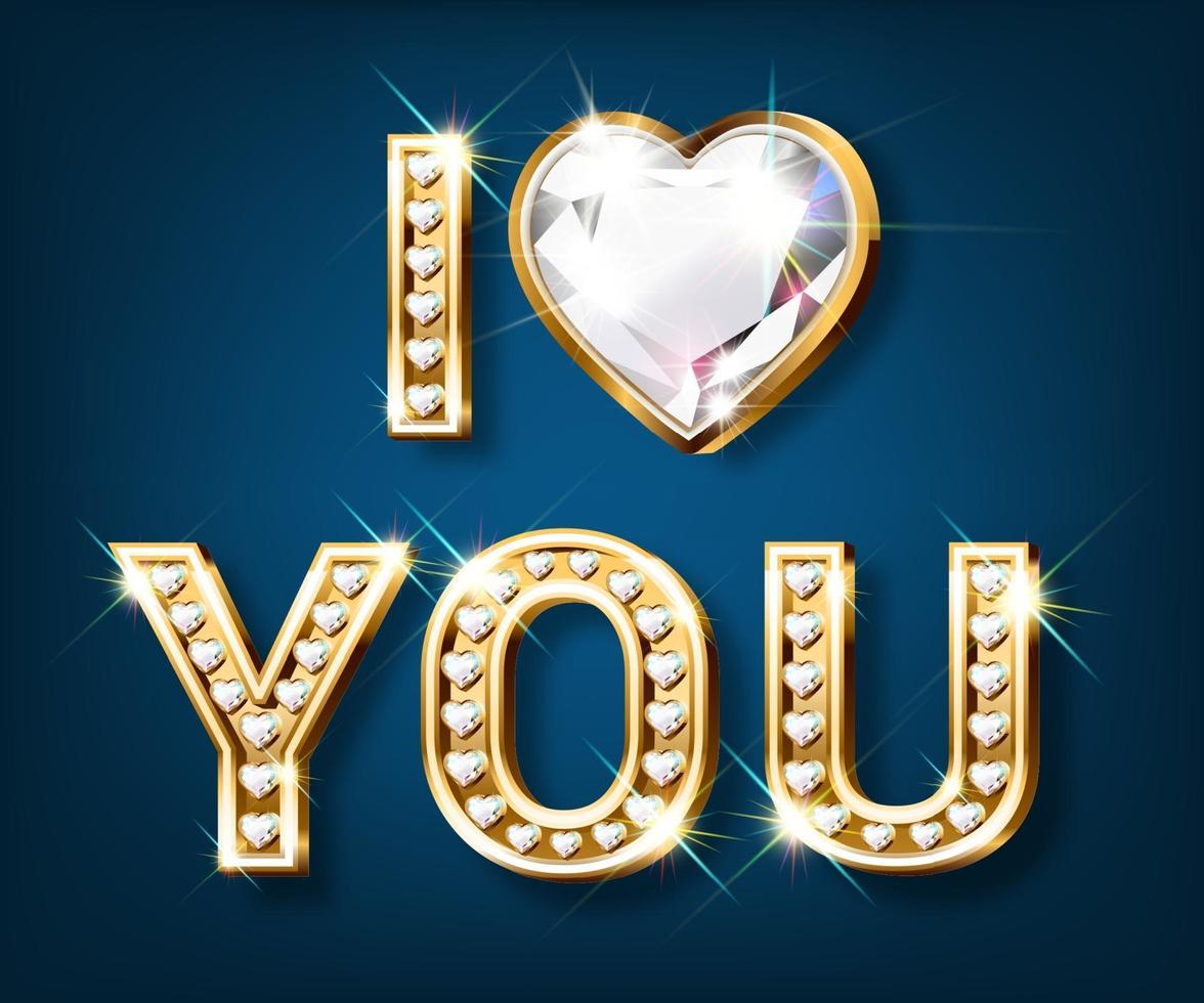 Valentine card gold I LOVE YOU in heart shaped gold letters with sparkling diamonds vector