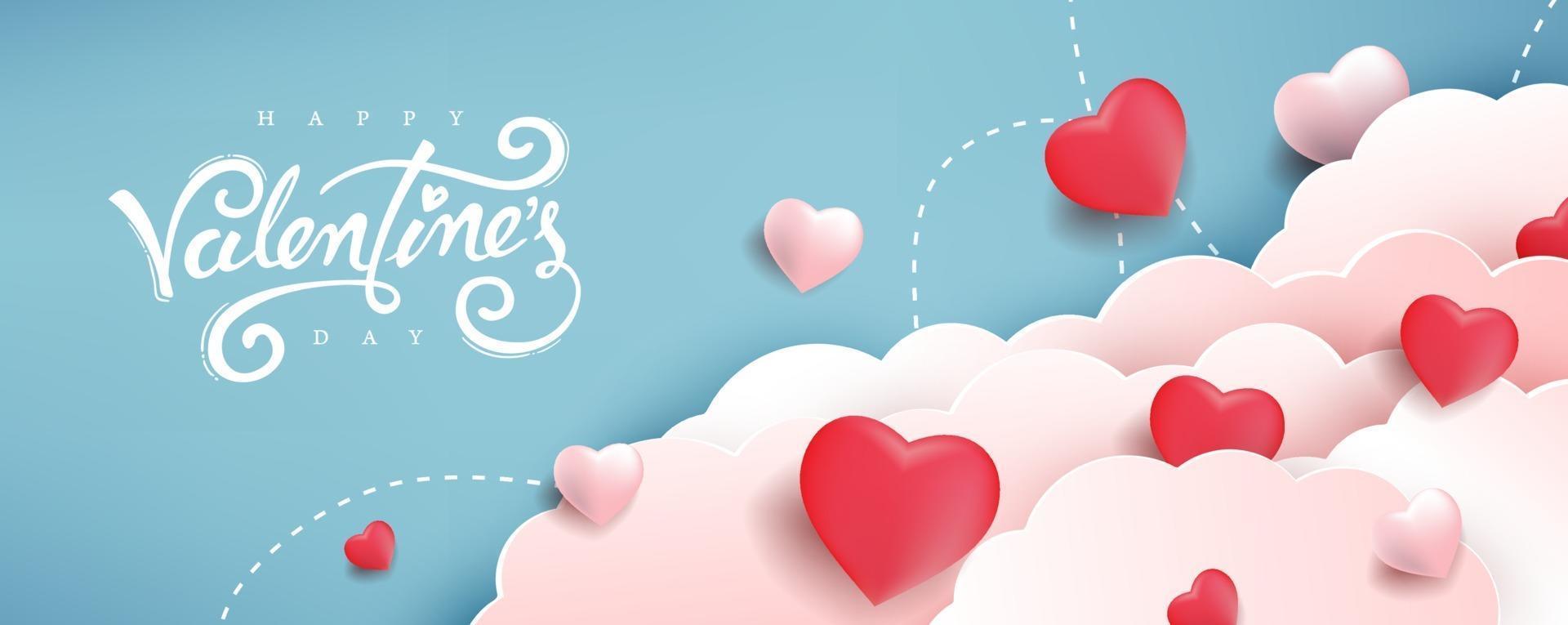 Fondo del día de San Valentín con corazones en las nubes. vector