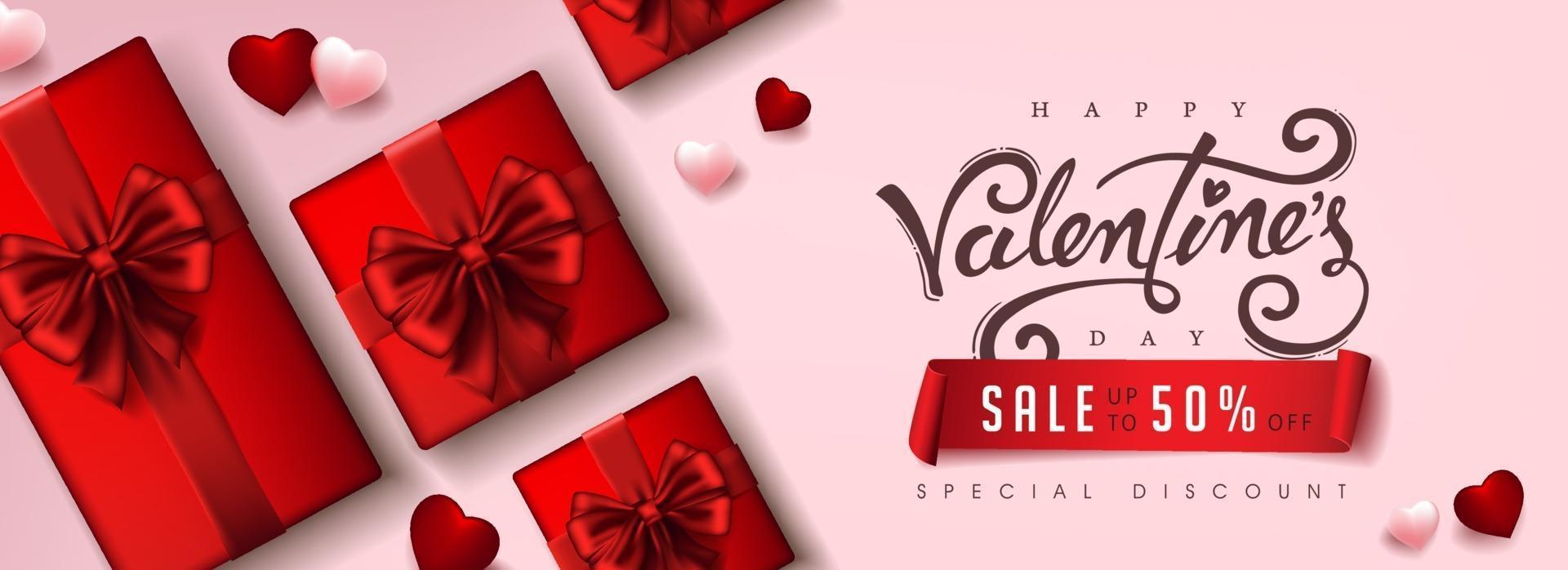 cartel de venta de san valentín o banner de fondo con cajas de regalo y corazones vector