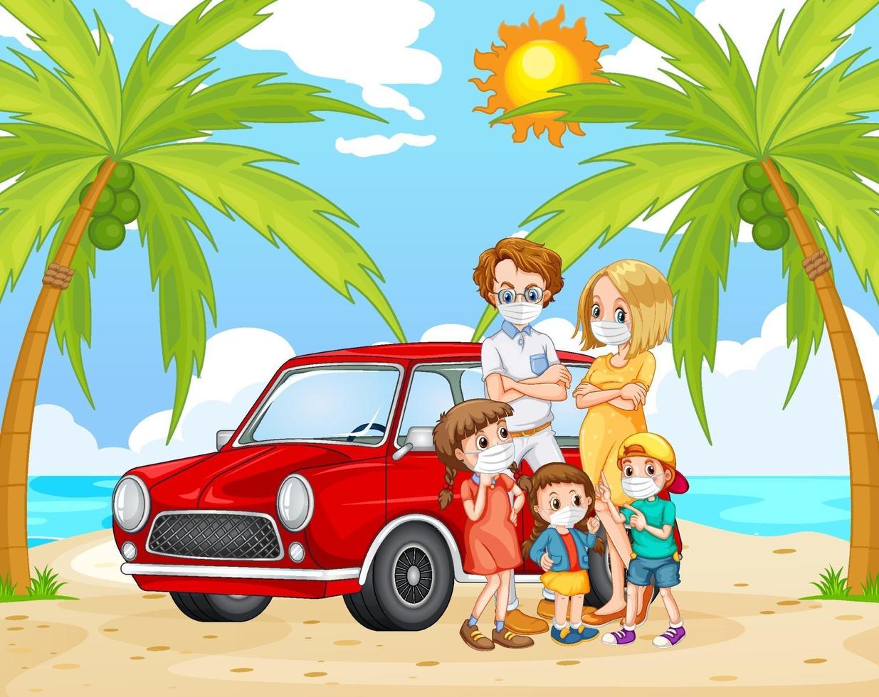 Escena de playa con familia con máscara para prevenir el coronavirus. vector