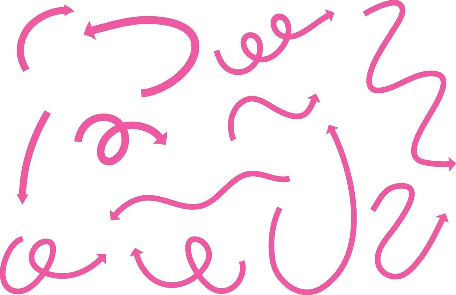 Different types of pink hand drawn curved arrows on white background vector