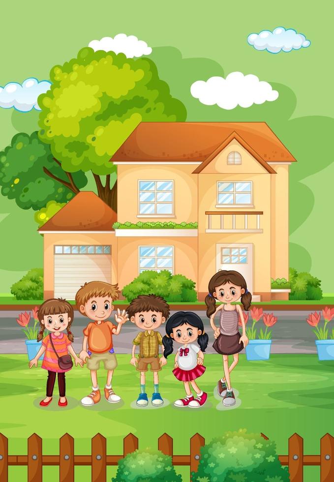 Outdoor house scene with many children vector