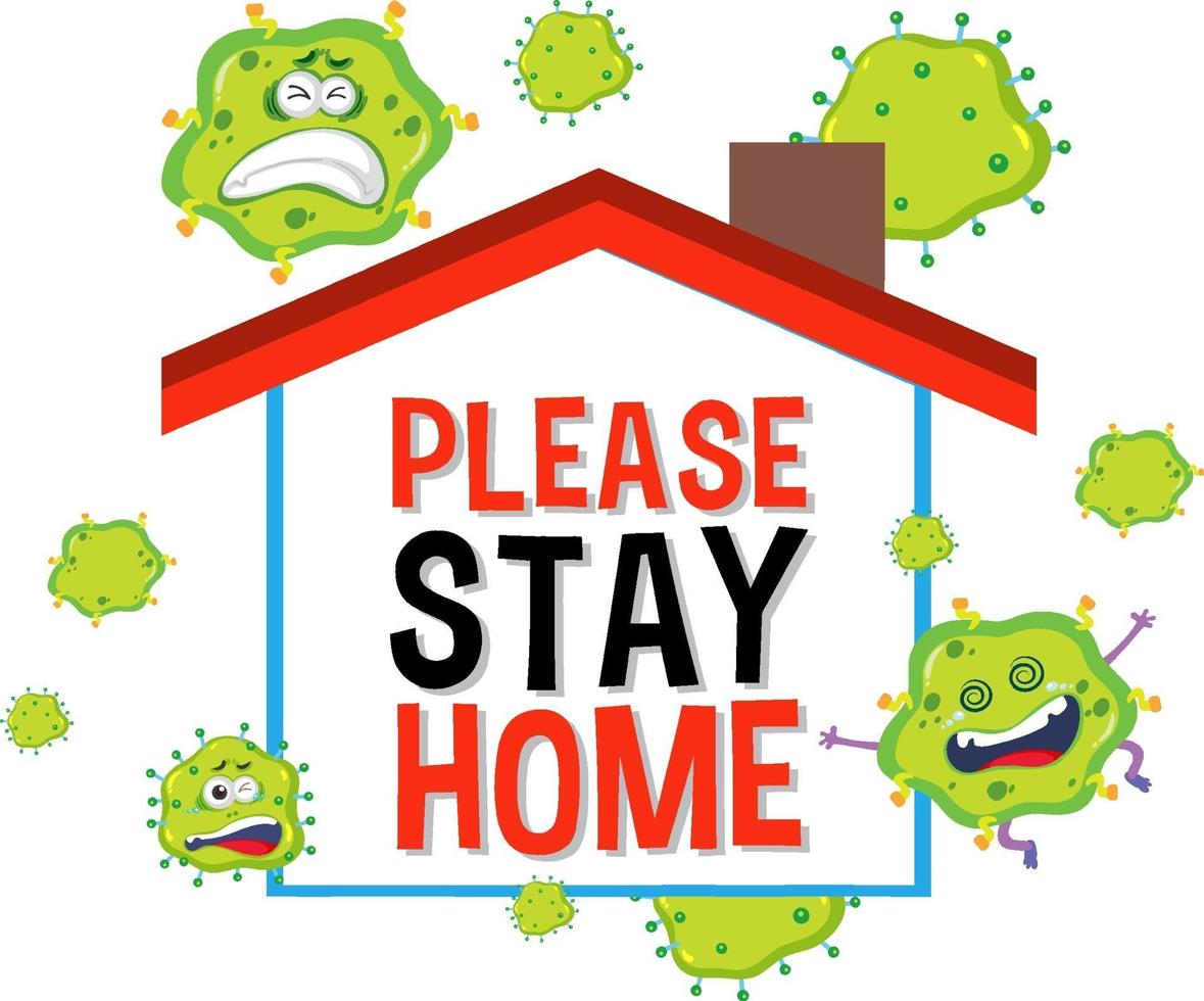 Stay home stay safe fuente con personaje de dibujos animados de virus vector