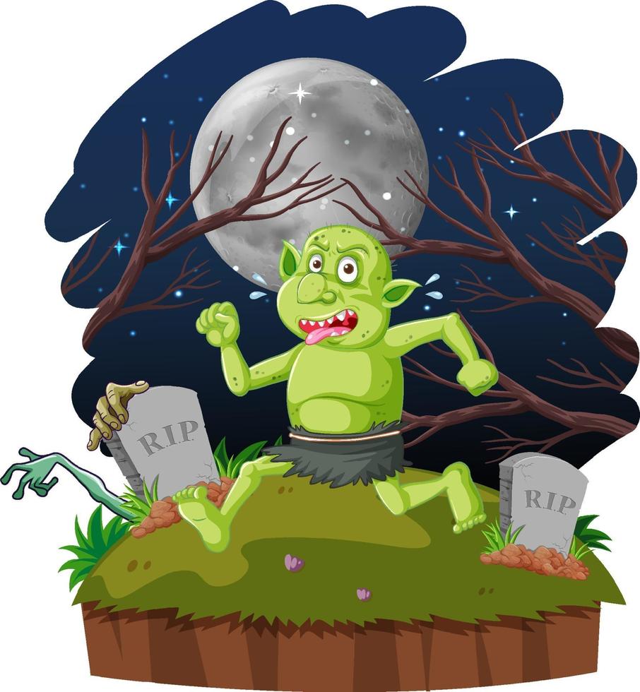 Night scene with goblin or troll cartoon character vector
