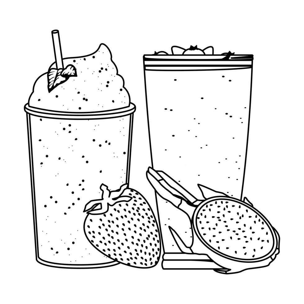 Bebida de frutas tropicales y batidos en blanco y negro. vector