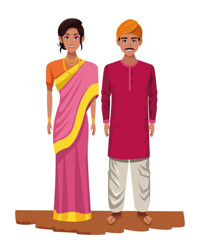 indian couple avatar cartoon character vector