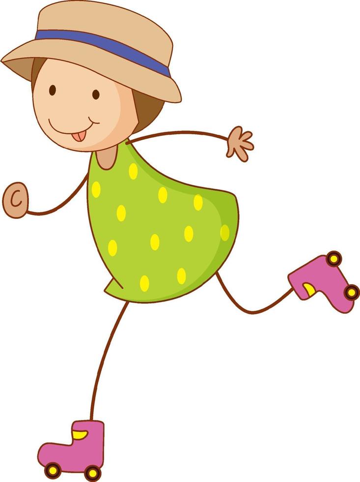 A doodle kid playing roller skates cartoon character isolated vector