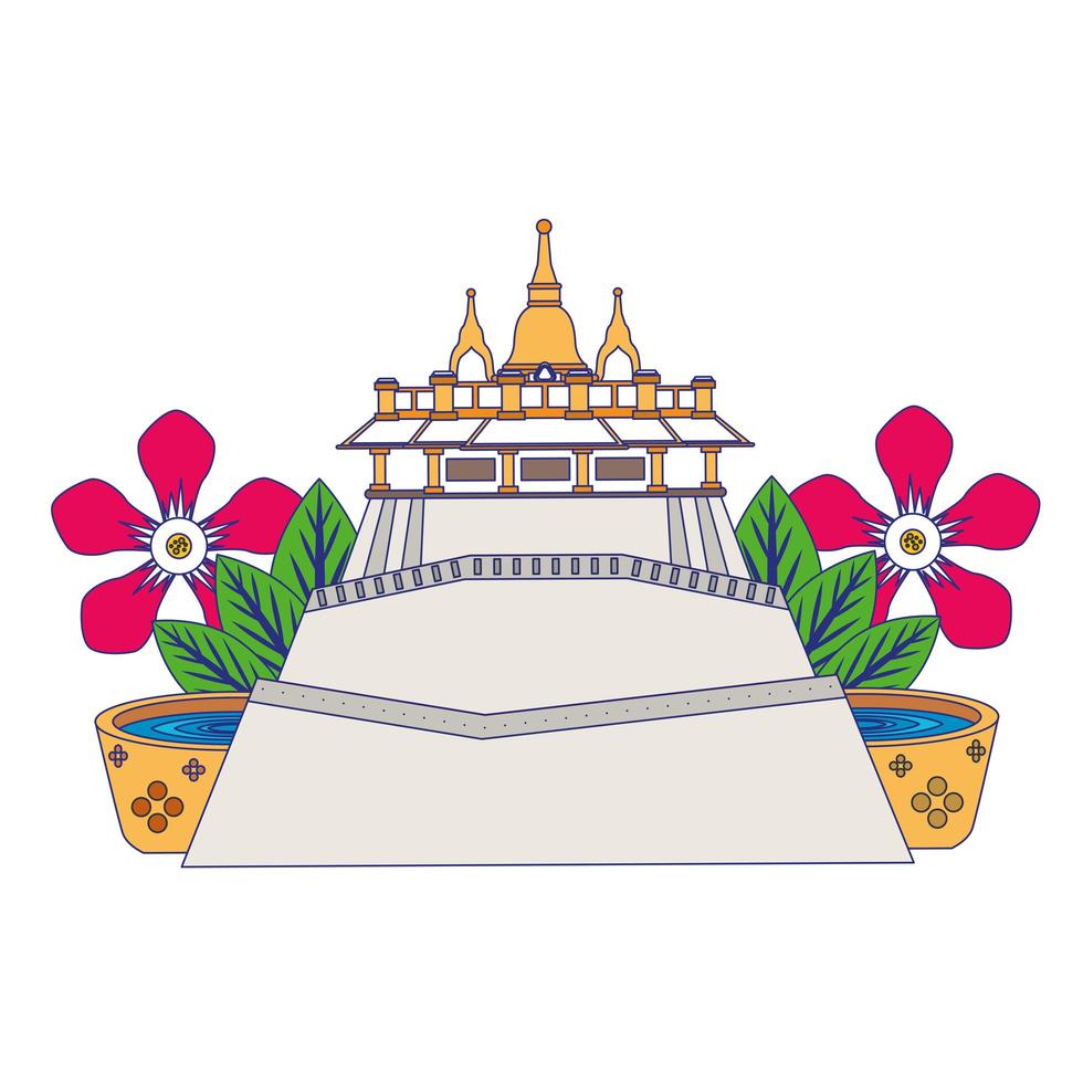 Indian temple antique building with stairs blue lines vector