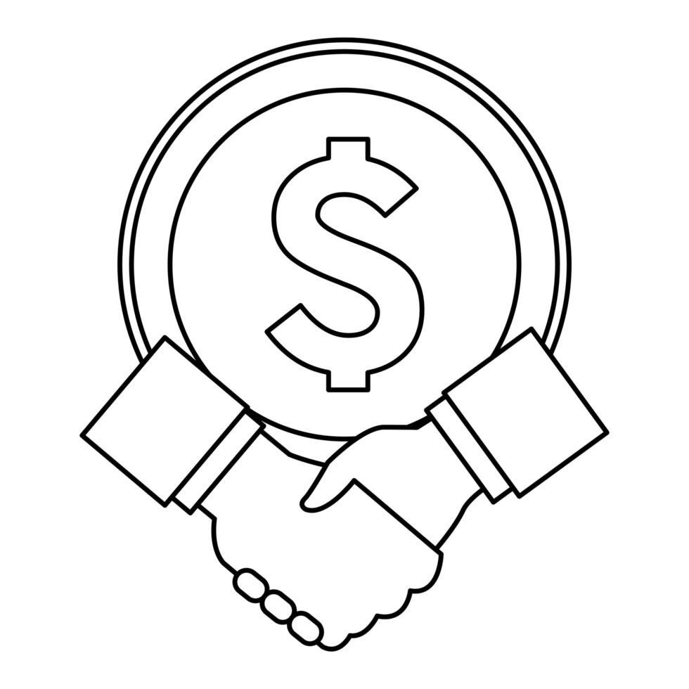 big coin and hand shaking in black and white vector