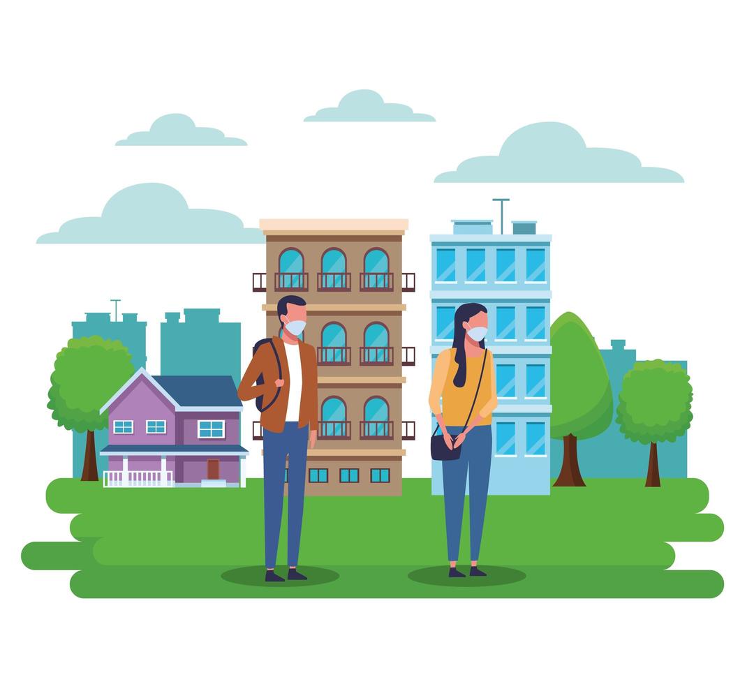 couple using face mask for covid19 vector