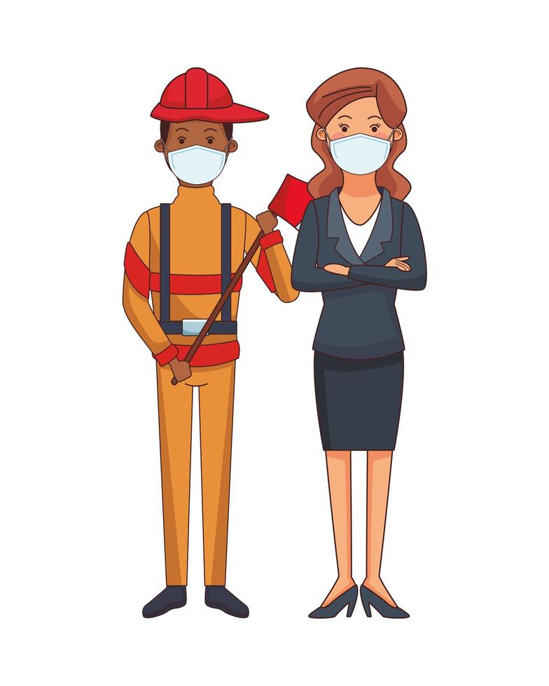 firefighter and businesswoman using face masks vector
