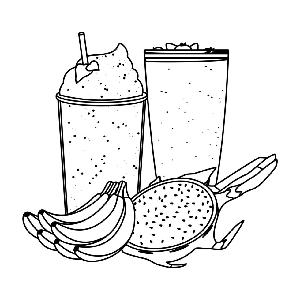 tropical fruit and smoothie drink in black and white vector