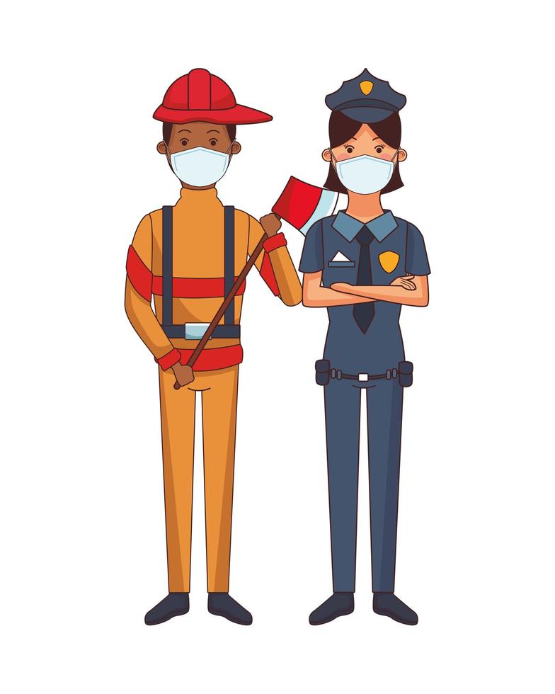 firefighter and female police using face masks vector