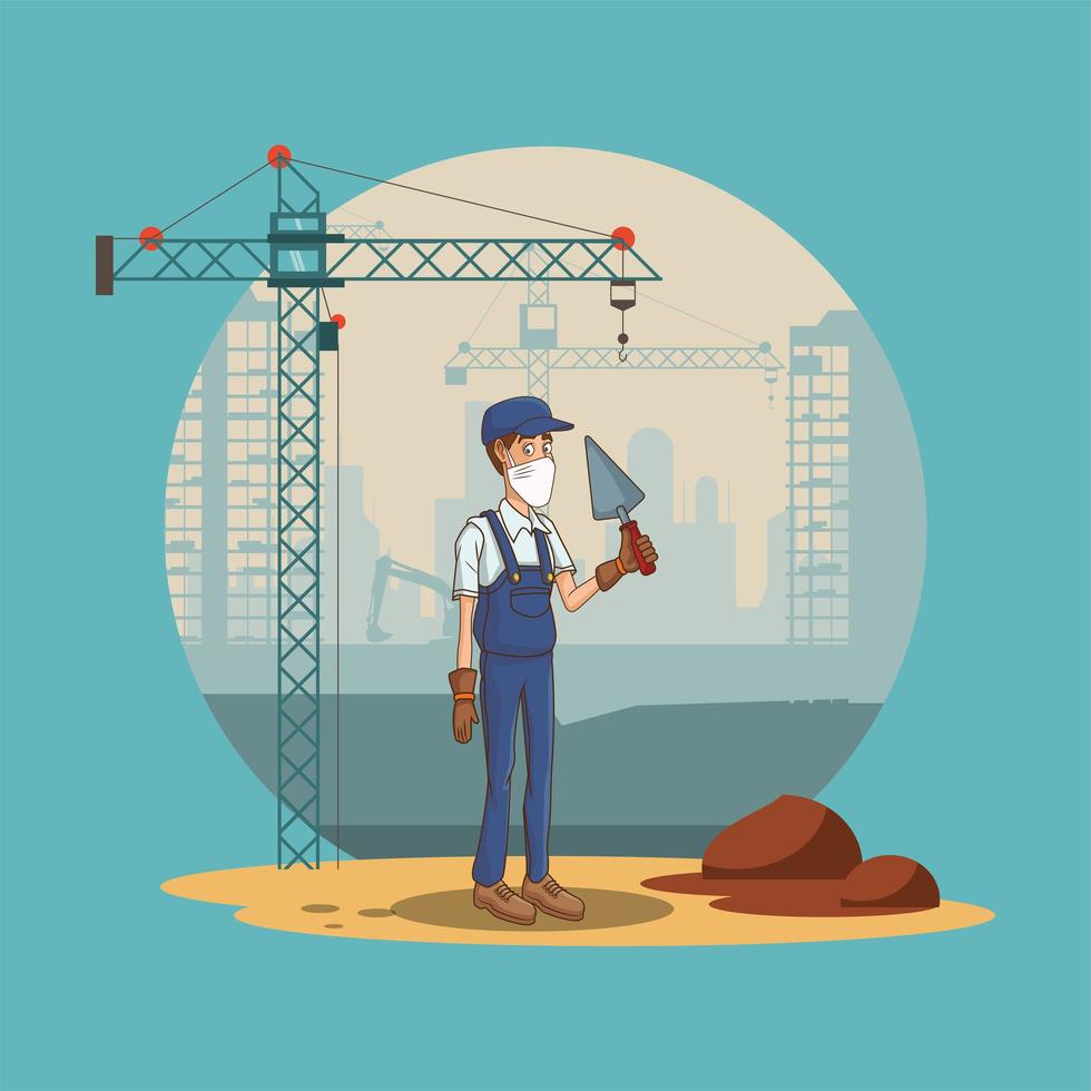 construction worker with spade using face mask for covid19 vector