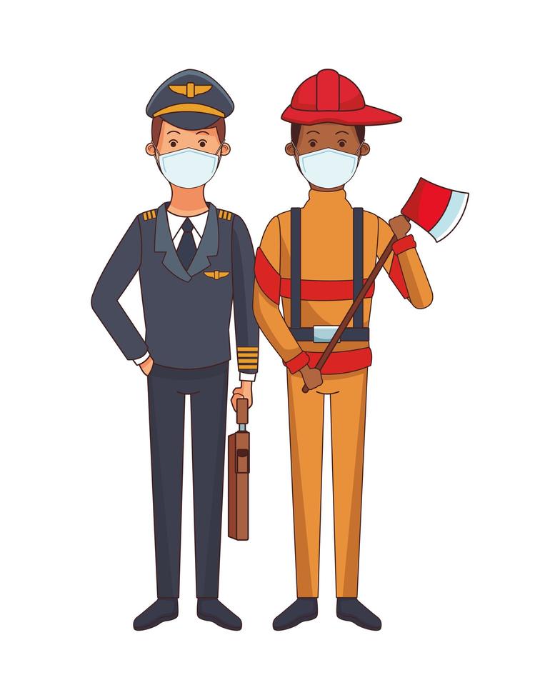 pilot and firefighter using face masks vector