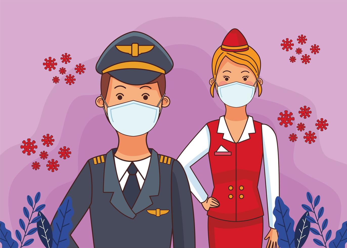 pilot worker and stewardess using face masks vector