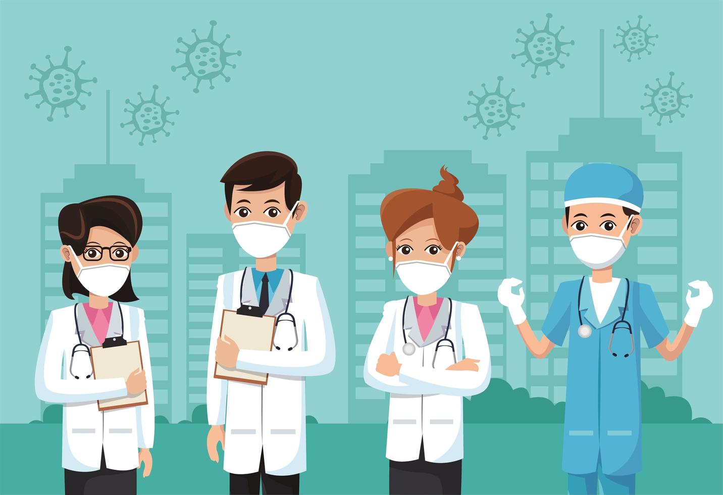 group of doctors wearing medical masks vector