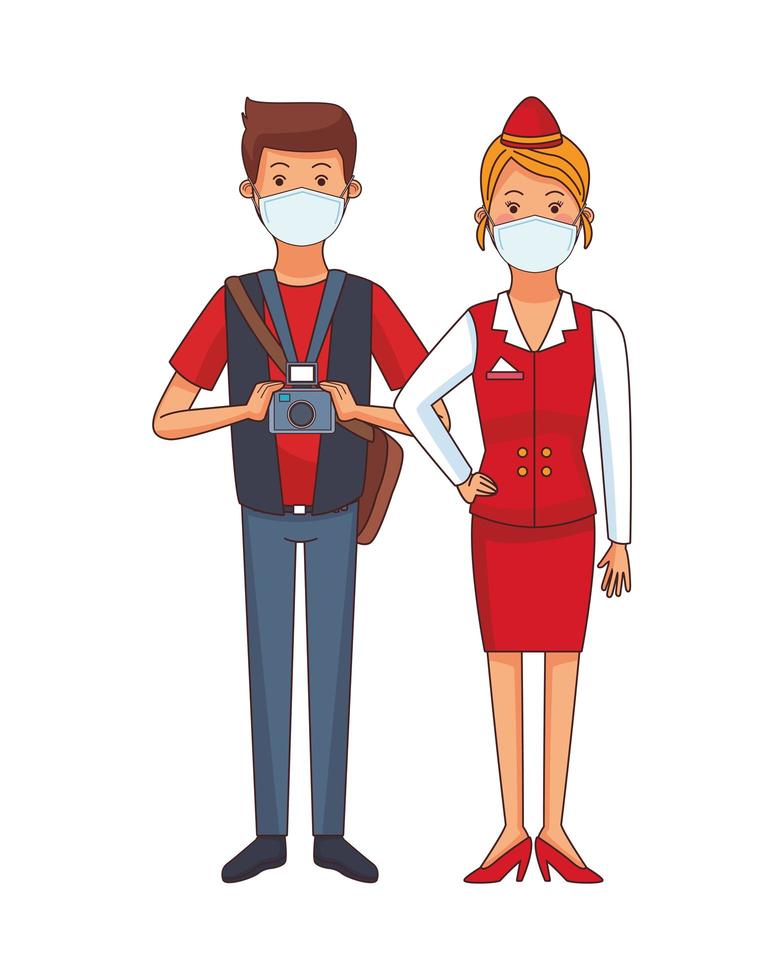 photographer and stewardess using face masks vector
