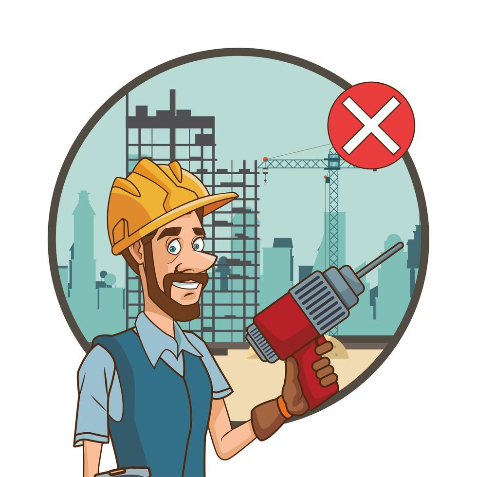 Construction worker with drill not using face mask for covid19 vector
