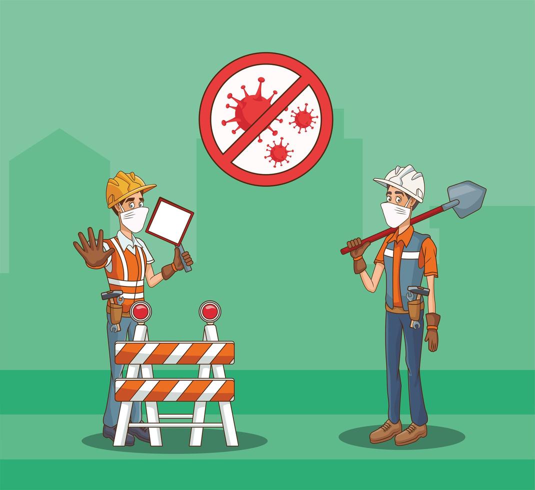 construction workers using face masks for covid19 vector