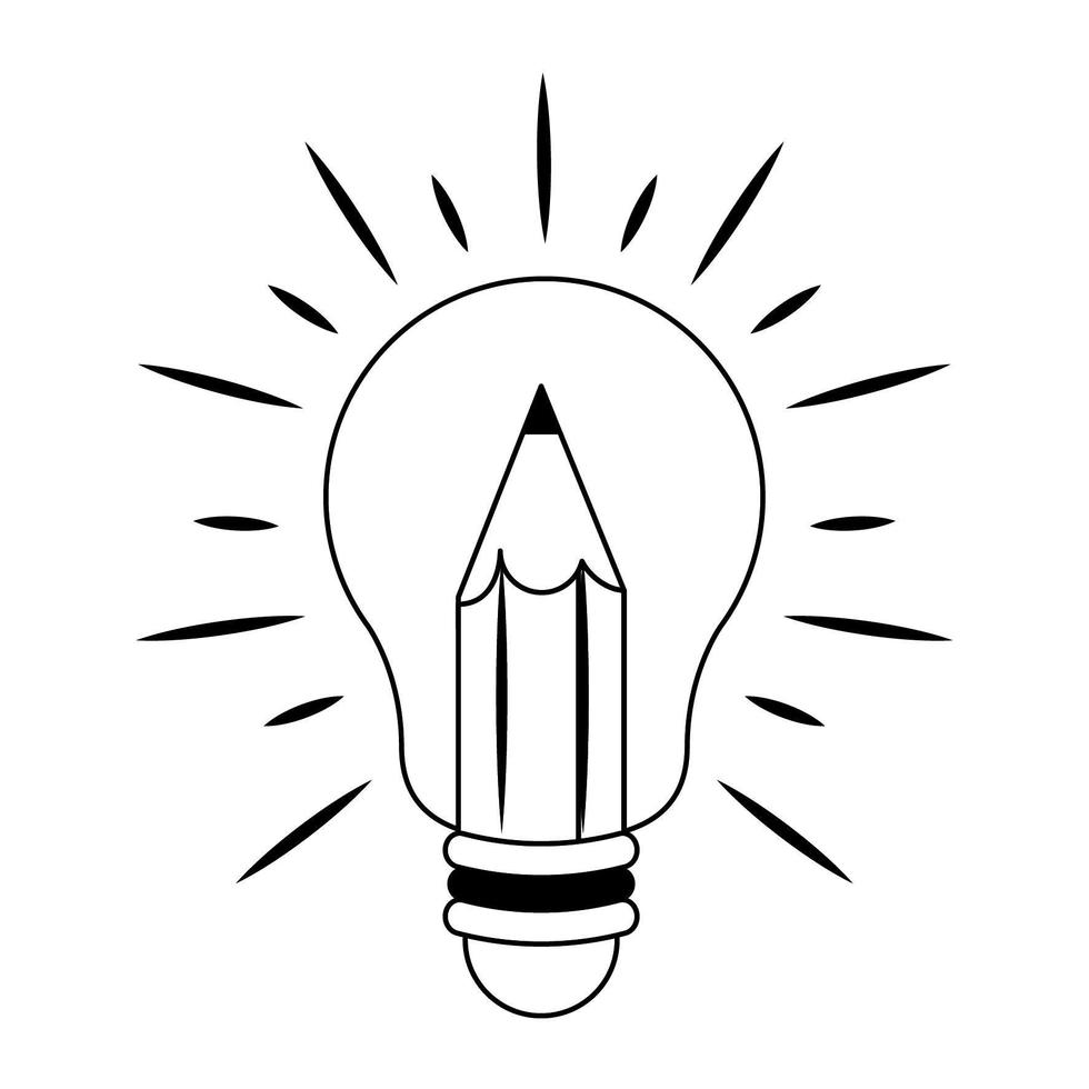 Bulb light with pencil symbol isolated cartoon in black and white vector