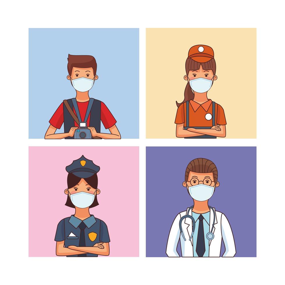 group of workers using face masks for covid19 vector
